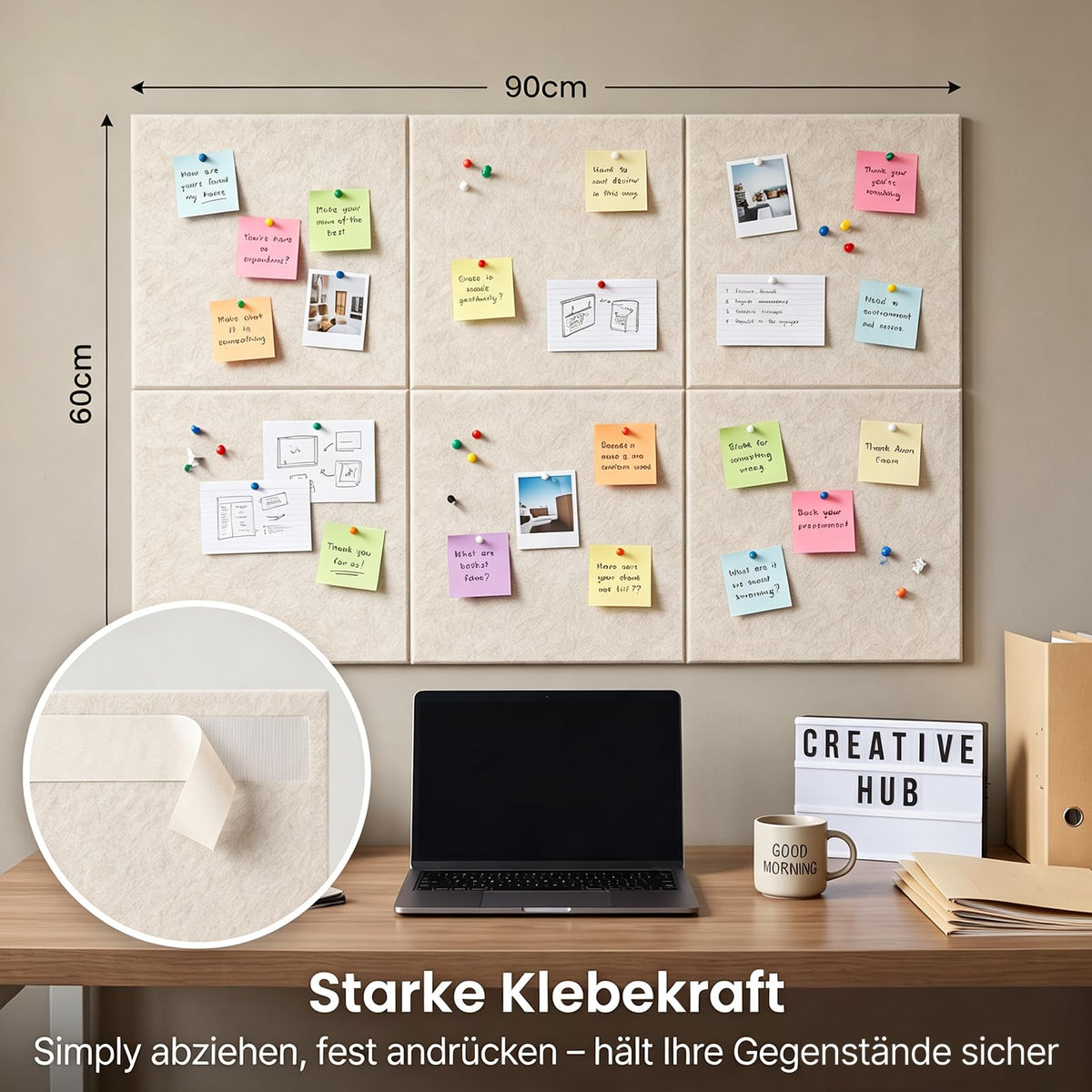 Filz Pinnwand Selbstklebend, 6 Stück 30 x 30 cm, Beige