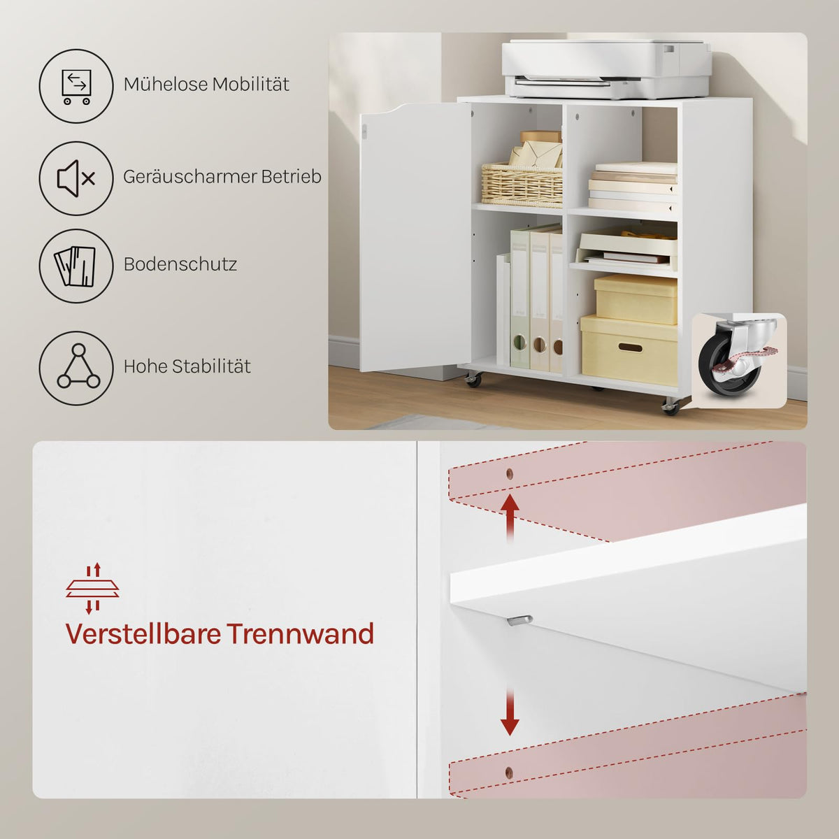 WOLTU Aktenschrank mit Rollen, Druckertisch mit 3 offenen Fächern