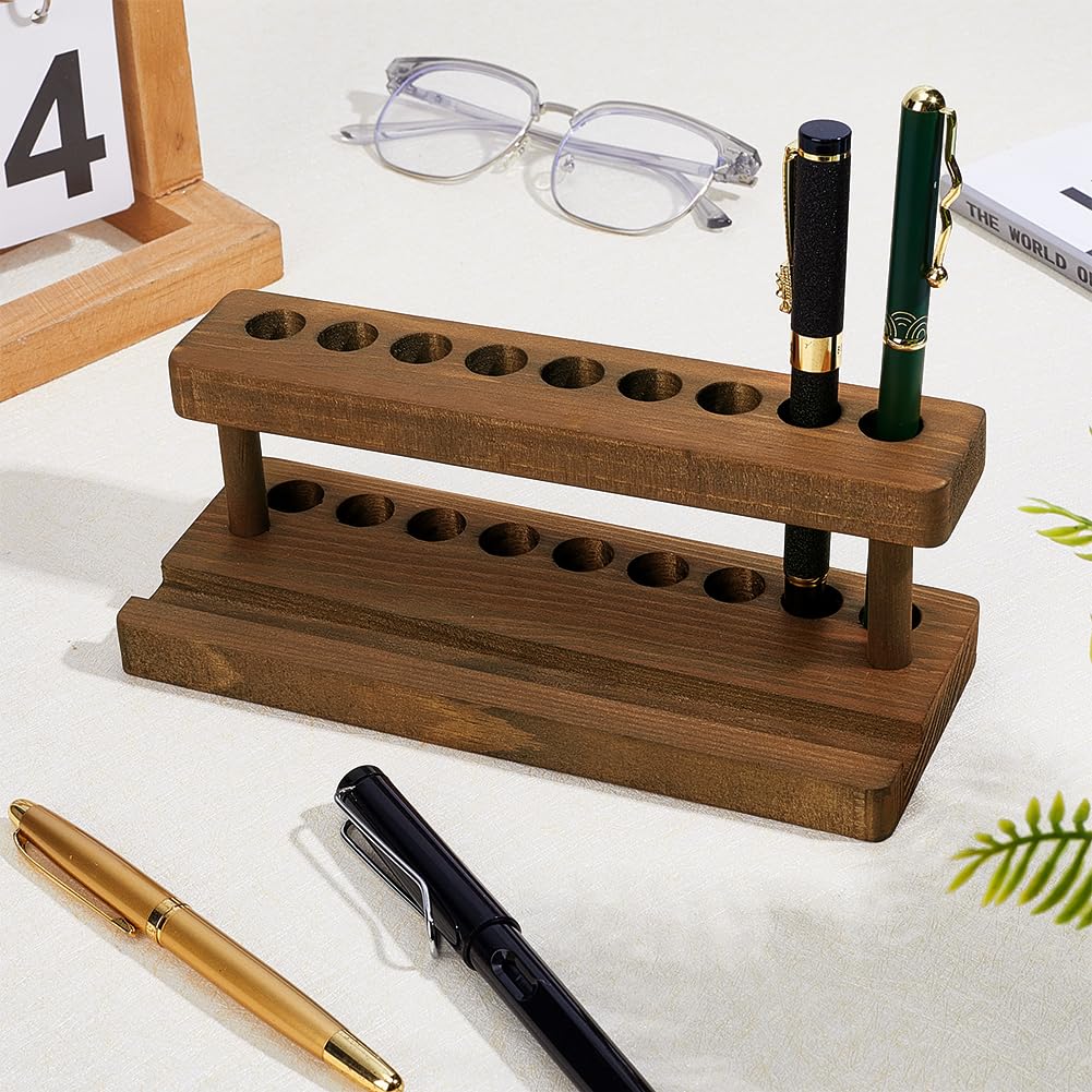 PandaHall Stiftständer aus Massivholz mit 9 Steckplätzen, 20x8x6.8cm, Braun