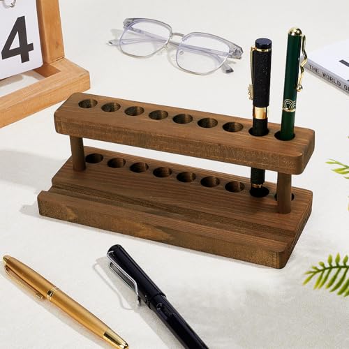 PandaHall Stiftständer aus Massivholz mit 9 Steckplätzen, 20x8x6.8cm, Braun