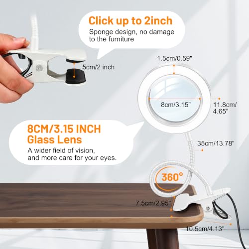 Akynite 10x Lupe mit Licht und Klemme, 3 Farben 10 Helligkeite, LED Lupe mit Licht und Schwanenhals für Handwerk Hobby Malerei Modellmaler, USB Klemmlampe Lupenlampe zum Lesen, Weiß