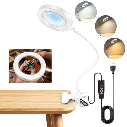 Akynite 10x Lupe mit Licht und Klemme, 3 Farben 10 Helligkeite, LED Lupe mit Licht und Schwanenhals für Handwerk Hobby Malerei Modellmaler, USB Klemmlampe Lupenlampe zum Lesen, Weiß