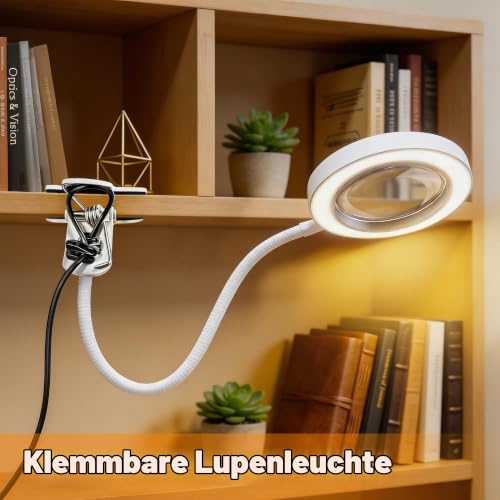 Akynite 10x Lupe mit Licht und Klemme, 3 Farben 10 Helligkeite, LED Lupe mit Licht und Schwanenhals für Handwerk Hobby Malerei Modellmaler, USB Klemmlampe Lupenlampe zum Lesen, Weiß