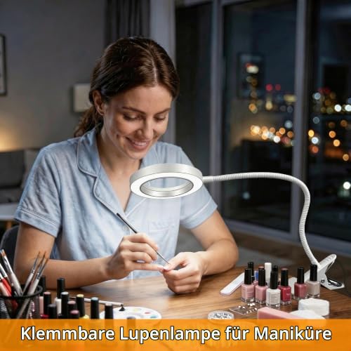 Akynite 10x Lupe mit Licht und Klemme, 3 Farben 10 Helligkeite, LED Lupe mit Licht und Schwanenhals für Handwerk Hobby Malerei Modellmaler, USB Klemmlampe Lupenlampe zum Lesen, Weiß