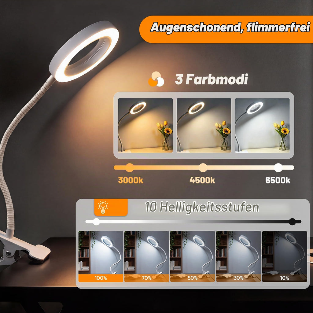 Akynite 10x Lupe mit Licht und Klemme, 3 Farben 10 Helligkeite, LED Lupe mit Licht und Schwanenhals für Handwerk Hobby Malerei Modellmaler, USB Klemmlampe Lupenlampe zum Lesen, Weiß