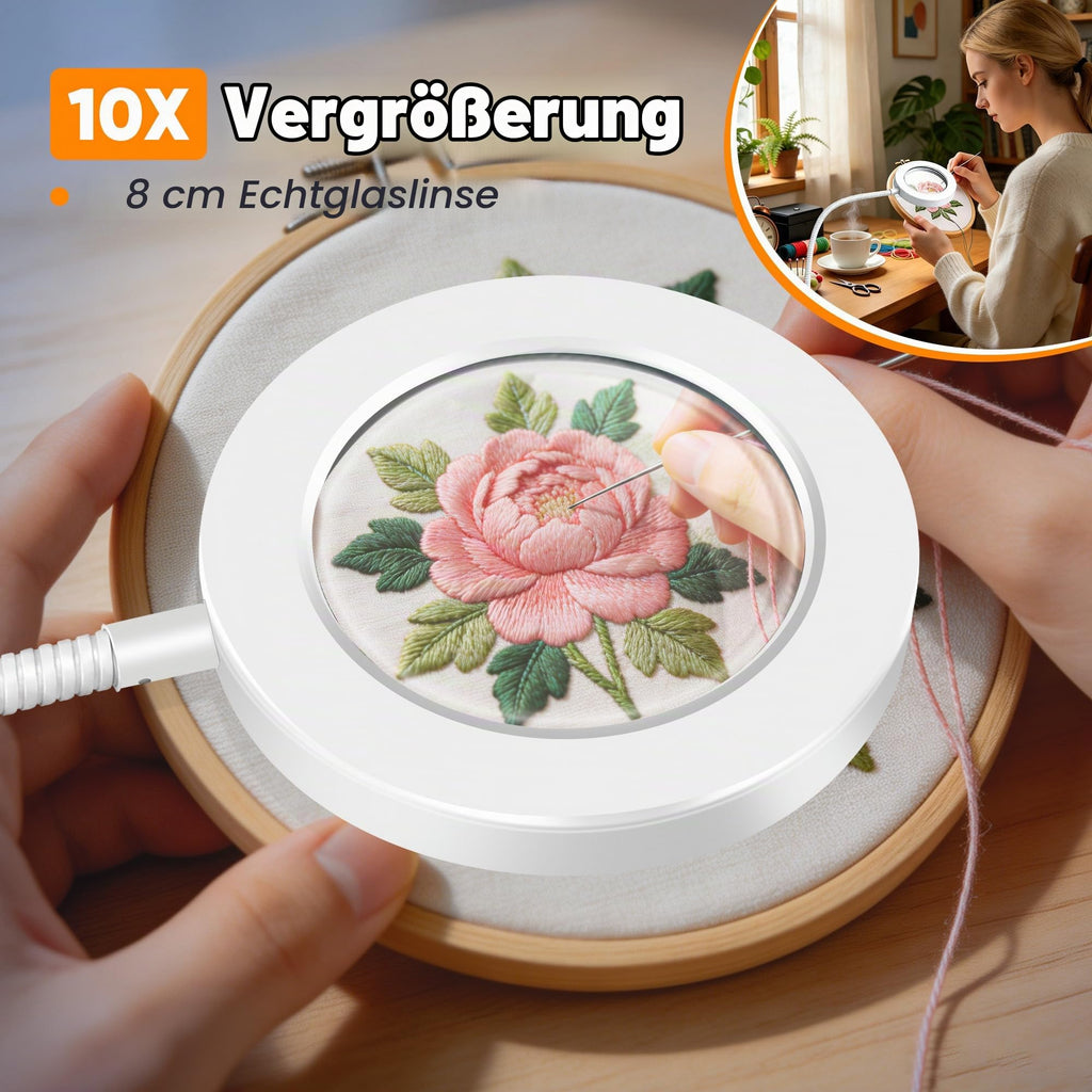 Akynite 10x Lupe mit Licht und Klemme, 3 Farben 10 Helligkeite, LED Lupe mit Licht und Schwanenhals für Handwerk Hobby Malerei Modellmaler, USB Klemmlampe Lupenlampe zum Lesen, Weiß