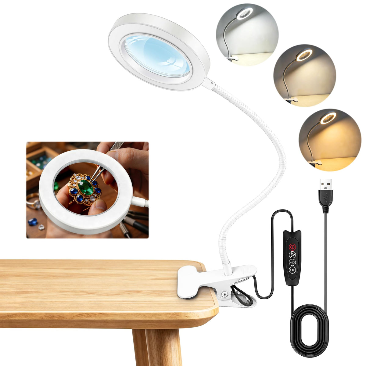 Akynite 10x Lupe mit Licht und Klemme, 3 Farben 10 Helligkeite, LED Lupe mit Licht und Schwanenhals für Handwerk Hobby Malerei Modellmaler, USB Klemmlampe Lupenlampe zum Lesen, Weiß