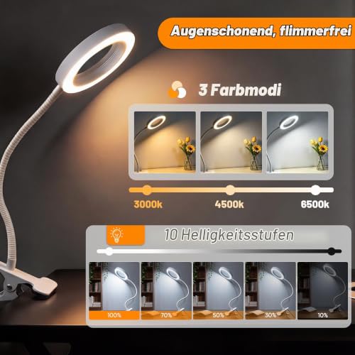 Akynite 10x Lupe mit Licht und Klemme, 3 Farben 10 Helligkeite, LED Lupe mit Licht und Schwanenhals für Handwerk Hobby Malerei Modellmaler, USB Klemmlampe Lupenlampe zum Lesen, Weiß
