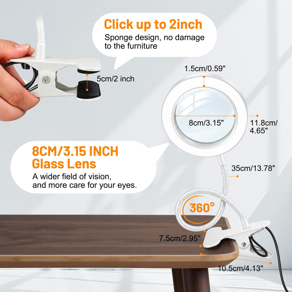 Akynite 10x Lupe mit Licht und Klemme, 3 Farben 10 Helligkeite, LED Lupe mit Licht und Schwanenhals für Handwerk Hobby Malerei Modellmaler, USB Klemmlampe Lupenlampe zum Lesen, Weiß