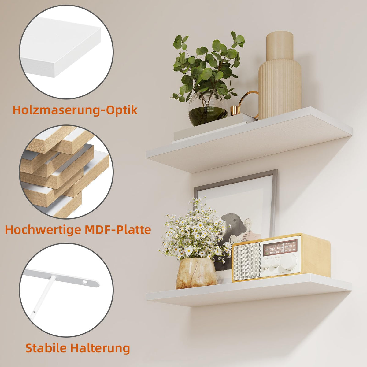 Somdot Wandregal Schlafzimmer, 40cm, T-Halterungen, 4er Set, Weiß