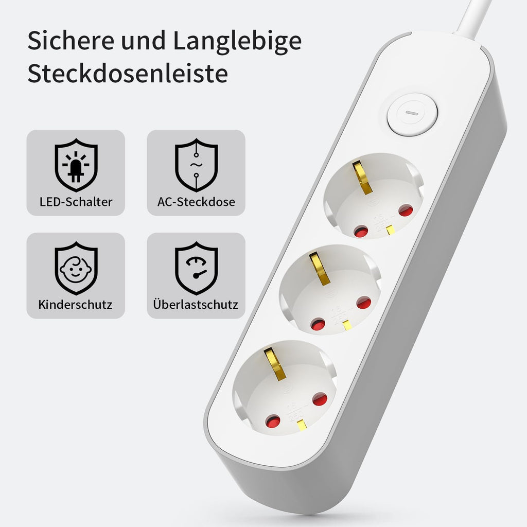 Realmade Steckdosenleiste 3-Fach, Mehrfachsteckdose mit Schalter 3M