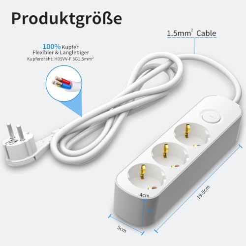 Realmade Steckdosenleiste 3-Fach, Mehrfachsteckdose mit Schalter 3M