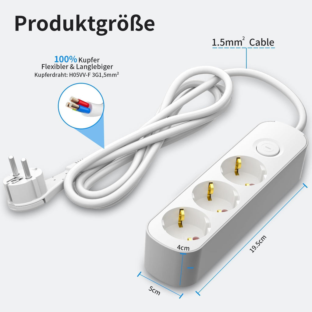 Realmade Steckdosenleiste 3-Fach, Mehrfachsteckdose mit Schalter 3M