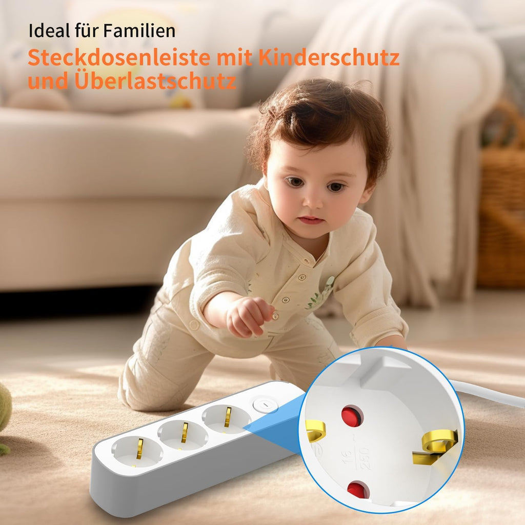 Realmade Steckdosenleiste 3-Fach, Mehrfachsteckdose mit Schalter 3M