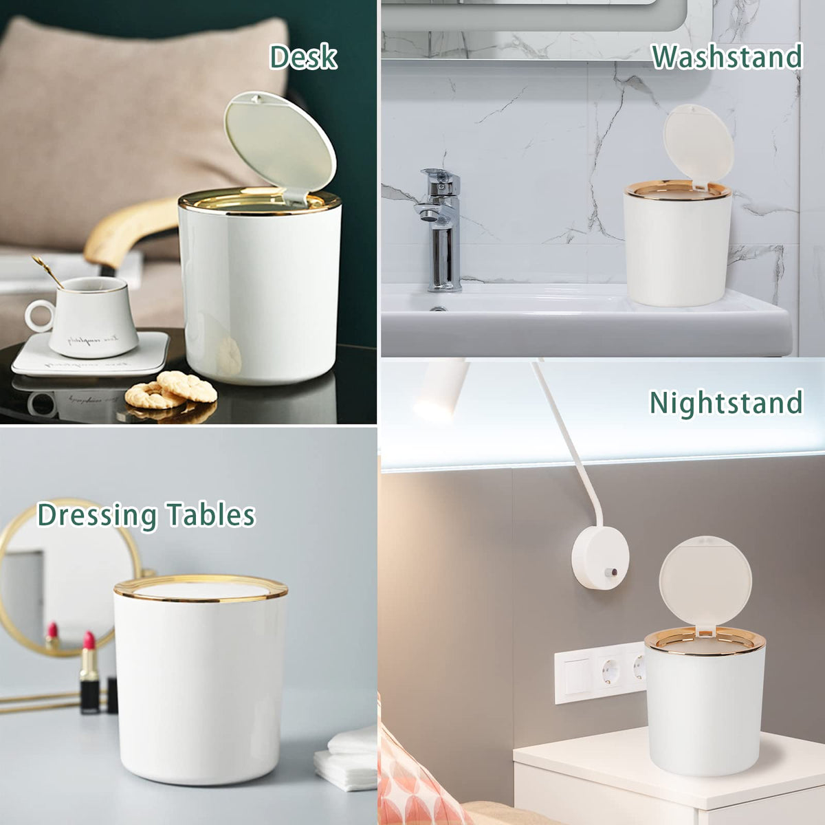 Tischmülleimer Mit Deckel,Kunststoff Mülleimer Mini,Klein Mülltonne für Küche, Schlafzimmer, Bad, Schreibtisch,14.3 * 15cm (Weiß)