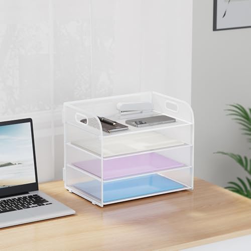Marbrasse Schreibtisch Ablagen Organizer,4-Stufige Brief Papier Ablage mit Griff,Metall Gitter Design für Schreibtisch,Büro,Hause,Aufbewahrung für A4 Dateien und Dokumenten(Weiß)