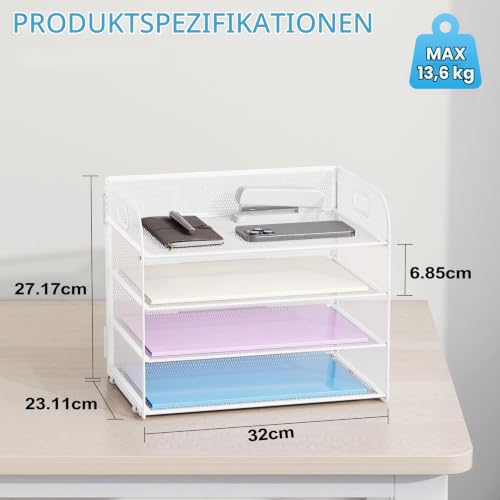 Marbrasse Schreibtisch Ablagen Organizer,4-Stufige Brief Papier Ablage mit Griff,Metall Gitter Design für Schreibtisch,Büro,Hause,Aufbewahrung für A4 Dateien und Dokumenten(Weiß)