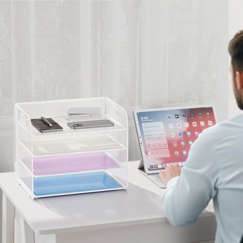 Marbrasse Schreibtisch Ablagen Organizer,4-Stufige Brief Papier Ablage mit Griff,Metall Gitter Design für Schreibtisch,Büro,Hause,Aufbewahrung für A4 Dateien und Dokumenten(Weiß)