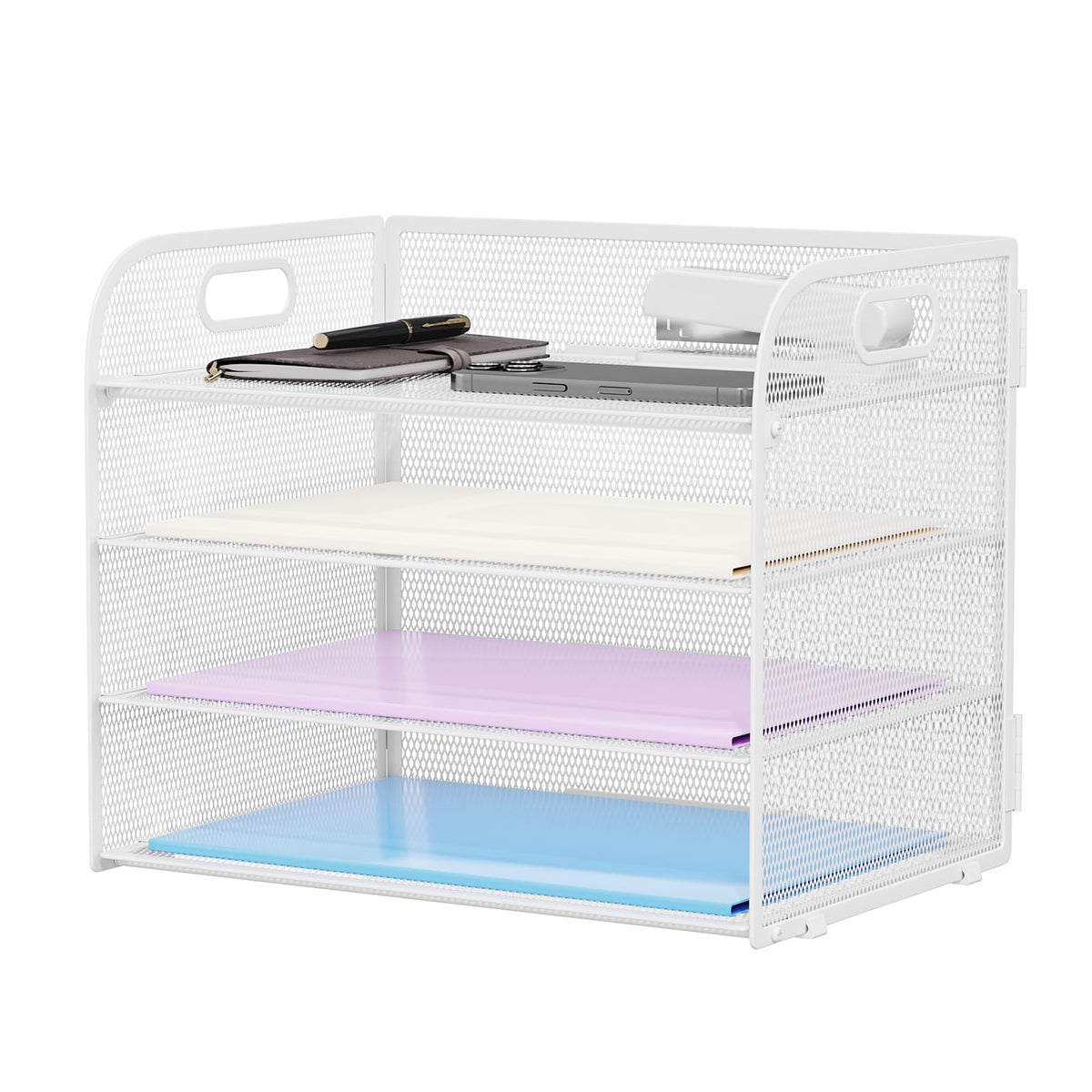 Marbrasse Schreibtisch Ablagen Organizer,4-Stufige Brief Papier Ablage mit Griff,Metall Gitter Design für Schreibtisch,Büro,Hause,Aufbewahrung für A4 Dateien und Dokumenten(Weiß)