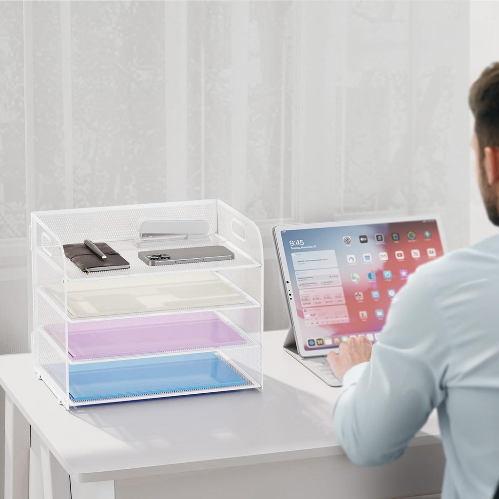 Marbrasse Schreibtisch Ablagen Organizer,4-Stufige Brief Papier Ablage mit Griff,Metall Gitter Design für Schreibtisch,Büro,Hause,Aufbewahrung für A4 Dateien und Dokumenten(Weiß)
