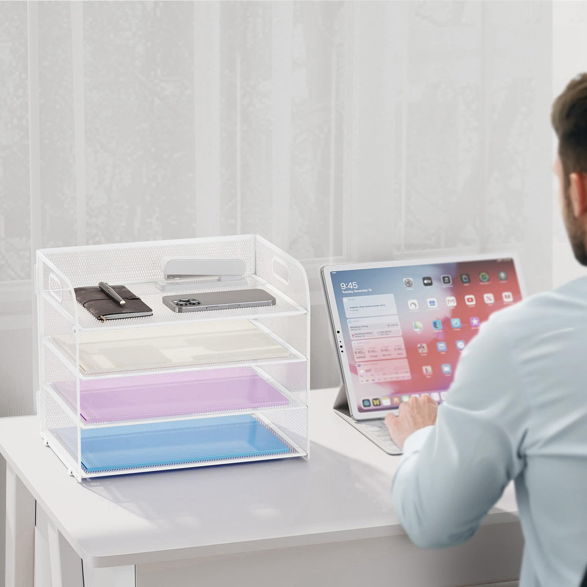Marbrasse Schreibtisch Ablagen Organizer,4-Stufige Brief Papier Ablage mit Griff,Metall Gitter Design für Schreibtisch,Büro,Hause,Aufbewahrung für A4 Dateien und Dokumenten(Weiß)