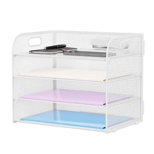 Marbrasse Schreibtisch Ablagen Organizer,4-Stufige Brief Papier Ablage mit Griff,Metall Gitter Design für Schreibtisch,Büro,Hause,Aufbewahrung für A4 Dateien und Dokumenten(Weiß)