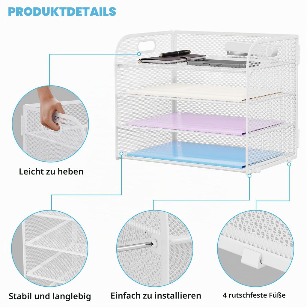 Marbrasse Schreibtisch Ablagen Organizer,4-Stufige Brief Papier Ablage mit Griff,Metall Gitter Design für Schreibtisch,Büro,Hause,Aufbewahrung für A4 Dateien und Dokumenten(Weiß)
