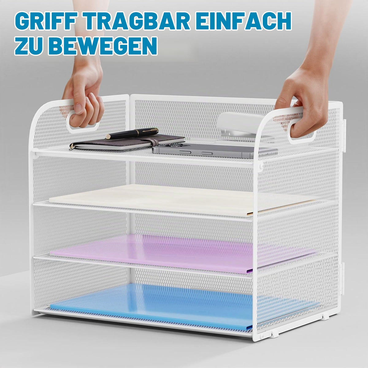 Marbrasse Schreibtisch Ablagen Organizer,4-Stufige Brief Papier Ablage mit Griff,Metall Gitter Design für Schreibtisch,Büro,Hause,Aufbewahrung für A4 Dateien und Dokumenten(Weiß)