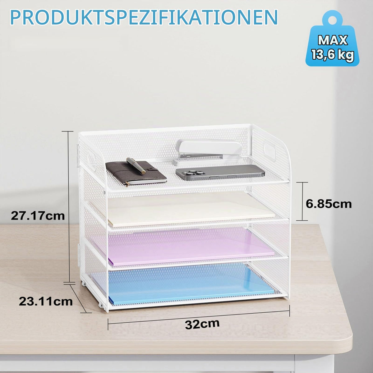 Marbrasse Schreibtisch Ablagen Organizer,4-Stufige Brief Papier Ablage mit Griff,Metall Gitter Design für Schreibtisch,Büro,Hause,Aufbewahrung für A4 Dateien und Dokumenten(Weiß)