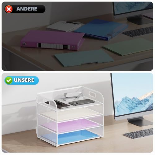 Marbrasse Schreibtisch Ablagen Organizer,4-Stufige Brief Papier Ablage mit Griff,Metall Gitter Design für Schreibtisch,Büro,Hause,Aufbewahrung für A4 Dateien und Dokumenten(Weiß)
