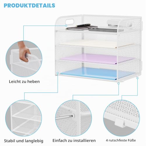 Marbrasse Schreibtisch Ablagen Organizer,4-Stufige Brief Papier Ablage mit Griff,Metall Gitter Design für Schreibtisch,Büro,Hause,Aufbewahrung für A4 Dateien und Dokumenten(Weiß)