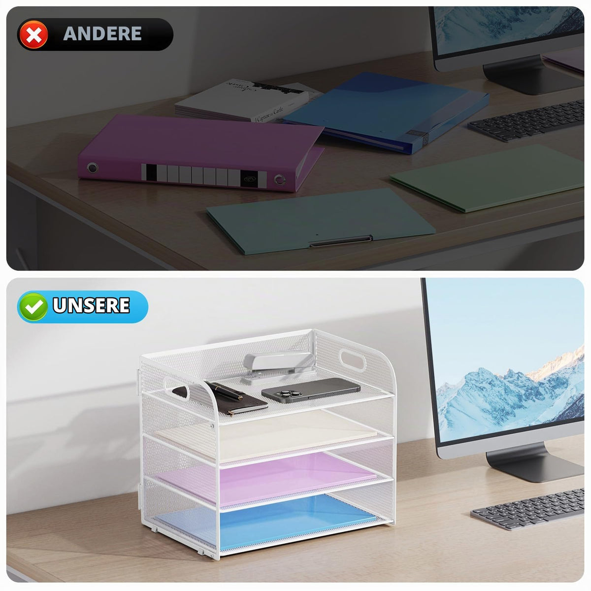 Marbrasse Schreibtisch Ablagen Organizer,4-Stufige Brief Papier Ablage mit Griff,Metall Gitter Design für Schreibtisch,Büro,Hause,Aufbewahrung für A4 Dateien und Dokumenten(Weiß)