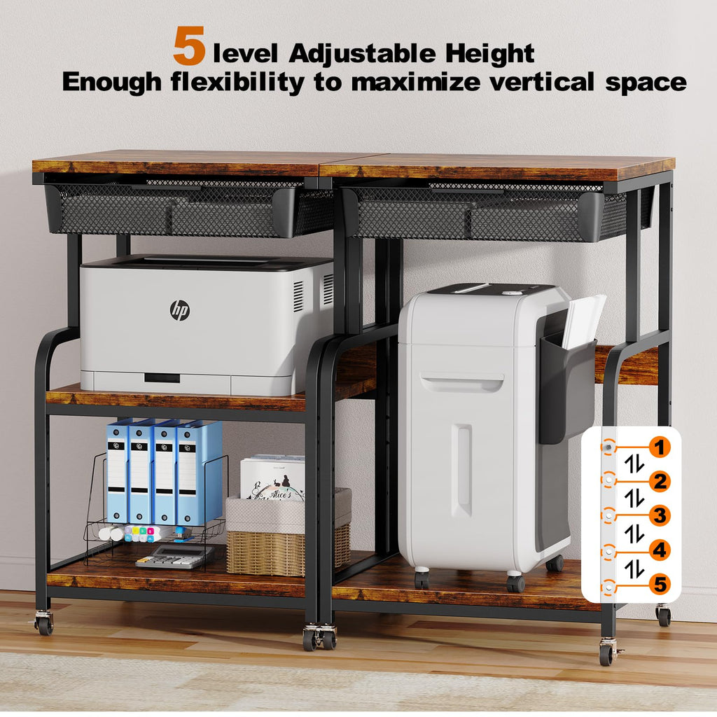 3-stufiger Druckertisch m. Schublade, 45 kg/Ebene, 5-fach Höhenverstellbar