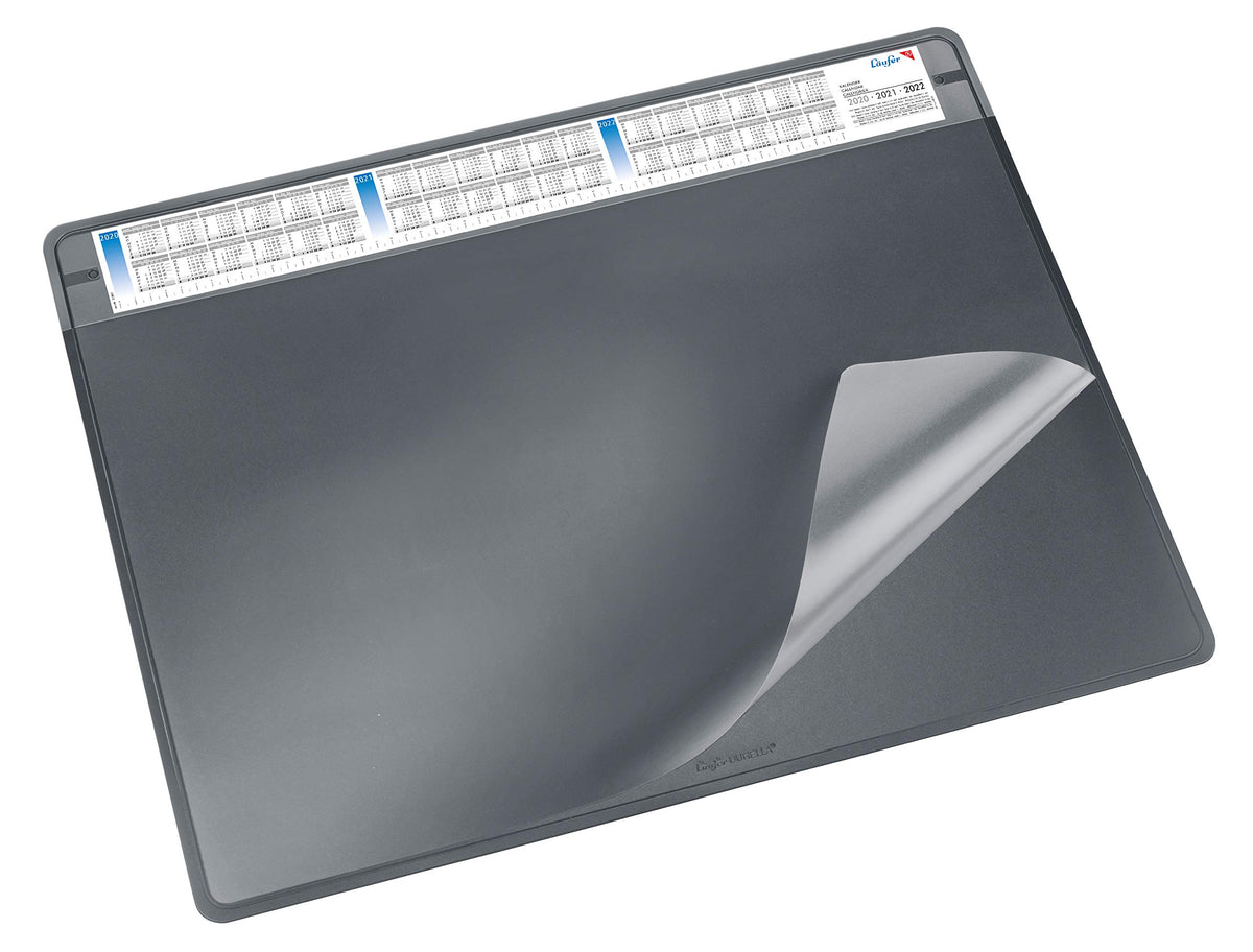 Läufer 47656 Durella Soft Schreibtischunterlage mit transparenter Auflage und Kalender, rutschfeste Schreibunterlage, Zubehör für Schreibtisch, 50 x 65 cm, schwarz