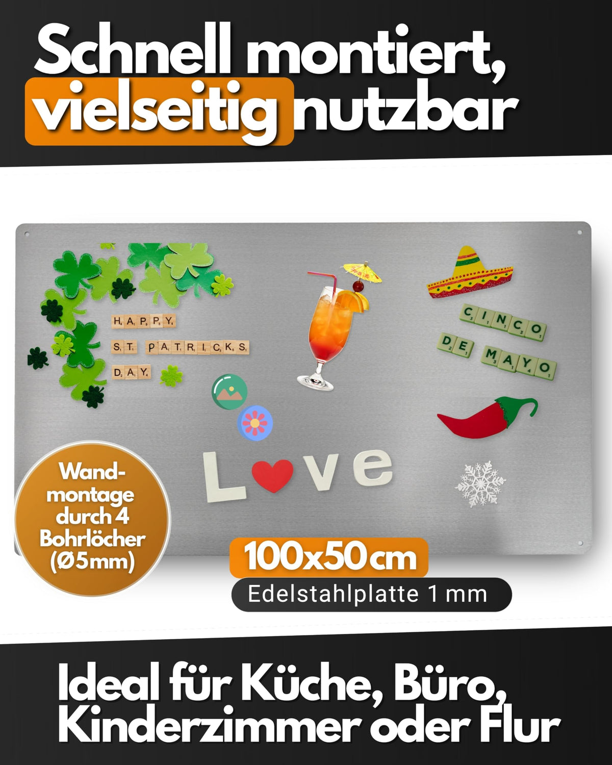 Feuerfest 123 Magnettafel I 100x50cm I Hochwertige Magnetwand aus 100% rostfreiem Edelstahl I Stilvolle Magnet-Tafel für Küche, Flur & Büro I Magnetische Pinnwand aus präziser Handarbeit