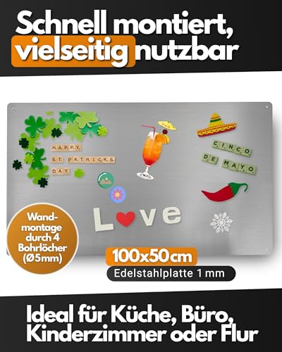 Feuerfest 123 Magnettafel I 100x50cm I Hochwertige Magnetwand aus 100% rostfreiem Edelstahl I Stilvolle Magnet-Tafel für Küche, Flur & Büro I Magnetische Pinnwand aus präziser Handarbeit