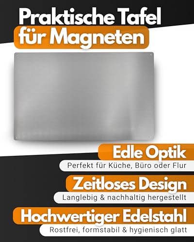 Feuerfest 123 Magnettafel I 100x50cm I Hochwertige Magnetwand aus 100% rostfreiem Edelstahl I Stilvolle Magnet-Tafel für Küche, Flur & Büro I Magnetische Pinnwand aus präziser Handarbeit
