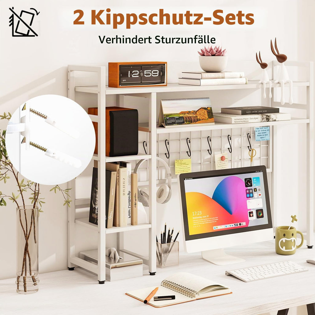 HOMASIS 4-stufiges Schreibtischregal mit 6 Haken & Gitter, Tischregal aus Holz & Metall, Tischorganizer für Monitore, Bücherregal mit Kippsicherung, Schreibtisch Aufsatzregal für Büro (Weiß)