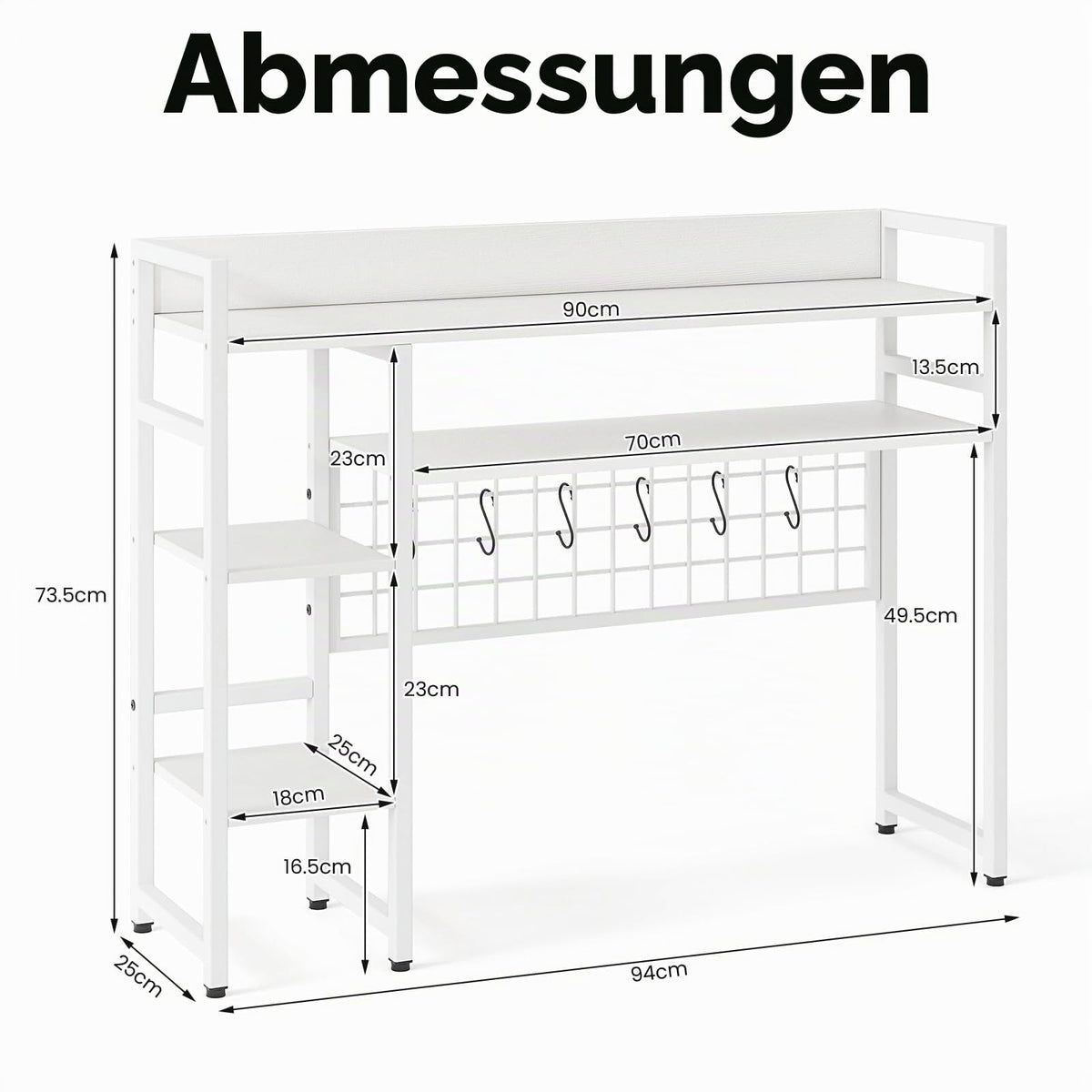 HOMASIS 4-stufiges Schreibtischregal mit 6 Haken & Gitter, Tischregal aus Holz & Metall, Tischorganizer für Monitore, Bücherregal mit Kippsicherung, Schreibtisch Aufsatzregal für Büro (Weiß)