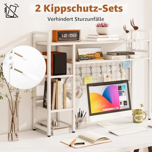 HOMASIS 4-stufiges Schreibtischregal mit 6 Haken & Gitter, Tischregal aus Holz & Metall, Tischorganizer für Monitore, Bücherregal mit Kippsicherung, Schreibtisch Aufsatzregal für Büro (Weiß)