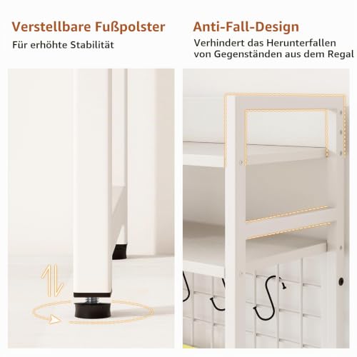 HOMASIS 4-stufiges Schreibtischregal mit 6 Haken & Gitter, Tischregal aus Holz & Metall, Tischorganizer für Monitore, Bücherregal mit Kippsicherung, Schreibtisch Aufsatzregal für Büro (Weiß)