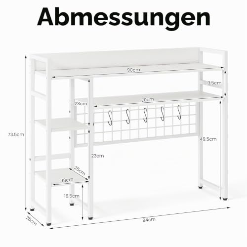 HOMASIS 4-stufiges Schreibtischregal mit 6 Haken & Gitter, Tischregal aus Holz & Metall, Tischorganizer für Monitore, Bücherregal mit Kippsicherung, Schreibtisch Aufsatzregal für Büro (Weiß)