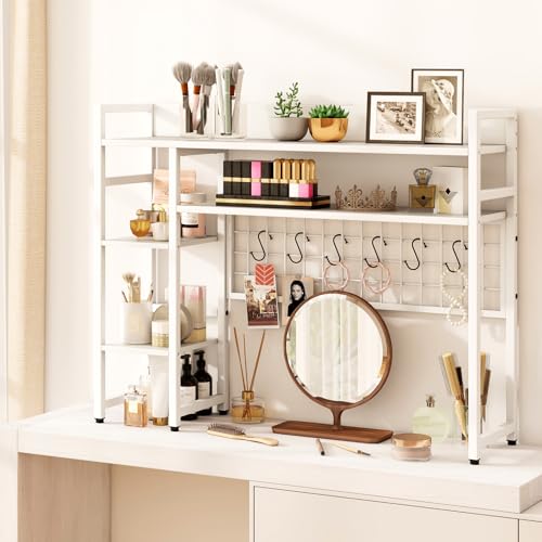 HOMASIS 4-stufiges Schreibtischregal mit 6 Haken & Gitter, Tischregal aus Holz & Metall, Tischorganizer für Monitore, Bücherregal mit Kippsicherung, Schreibtisch Aufsatzregal für Büro (Weiß)