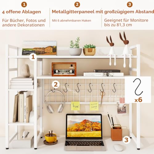 HOMASIS 4-stufiges Schreibtischregal mit 6 Haken & Gitter, Tischregal aus Holz & Metall, Tischorganizer für Monitore, Bücherregal mit Kippsicherung, Schreibtisch Aufsatzregal für Büro (Weiß)