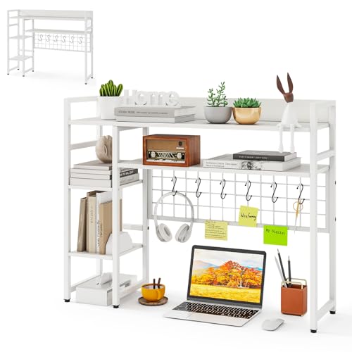 HOMASIS 4-stufiges Schreibtischregal mit 6 Haken & Gitter, Tischregal aus Holz & Metall, Tischorganizer für Monitore, Bücherregal mit Kippsicherung, Schreibtisch Aufsatzregal für Büro (Weiß)