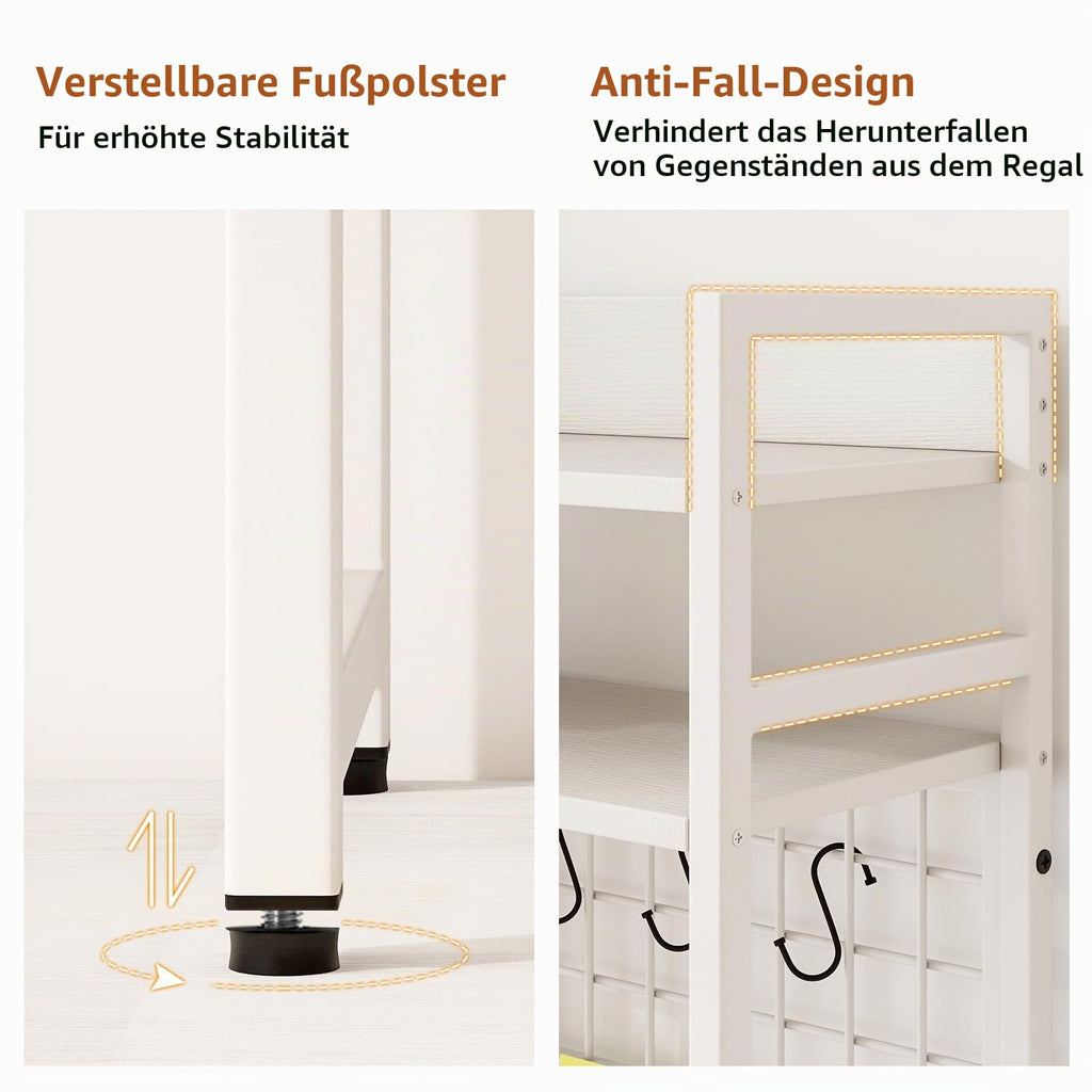 HOMASIS 4-stufiges Schreibtischregal mit 6 Haken & Gitter, Tischregal aus Holz & Metall, Tischorganizer für Monitore, Bücherregal mit Kippsicherung, Schreibtisch Aufsatzregal für Büro (Weiß)