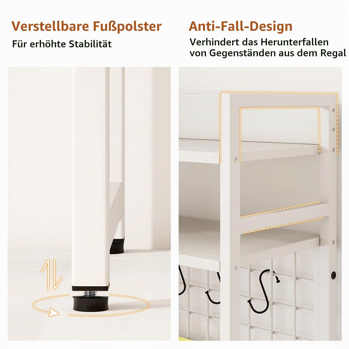 HOMASIS 4-stufiges Schreibtischregal mit 6 Haken & Gitter, Tischregal aus Holz & Metall, Tischorganizer für Monitore, Bücherregal mit Kippsicherung, Schreibtisch Aufsatzregal für Büro (Weiß)