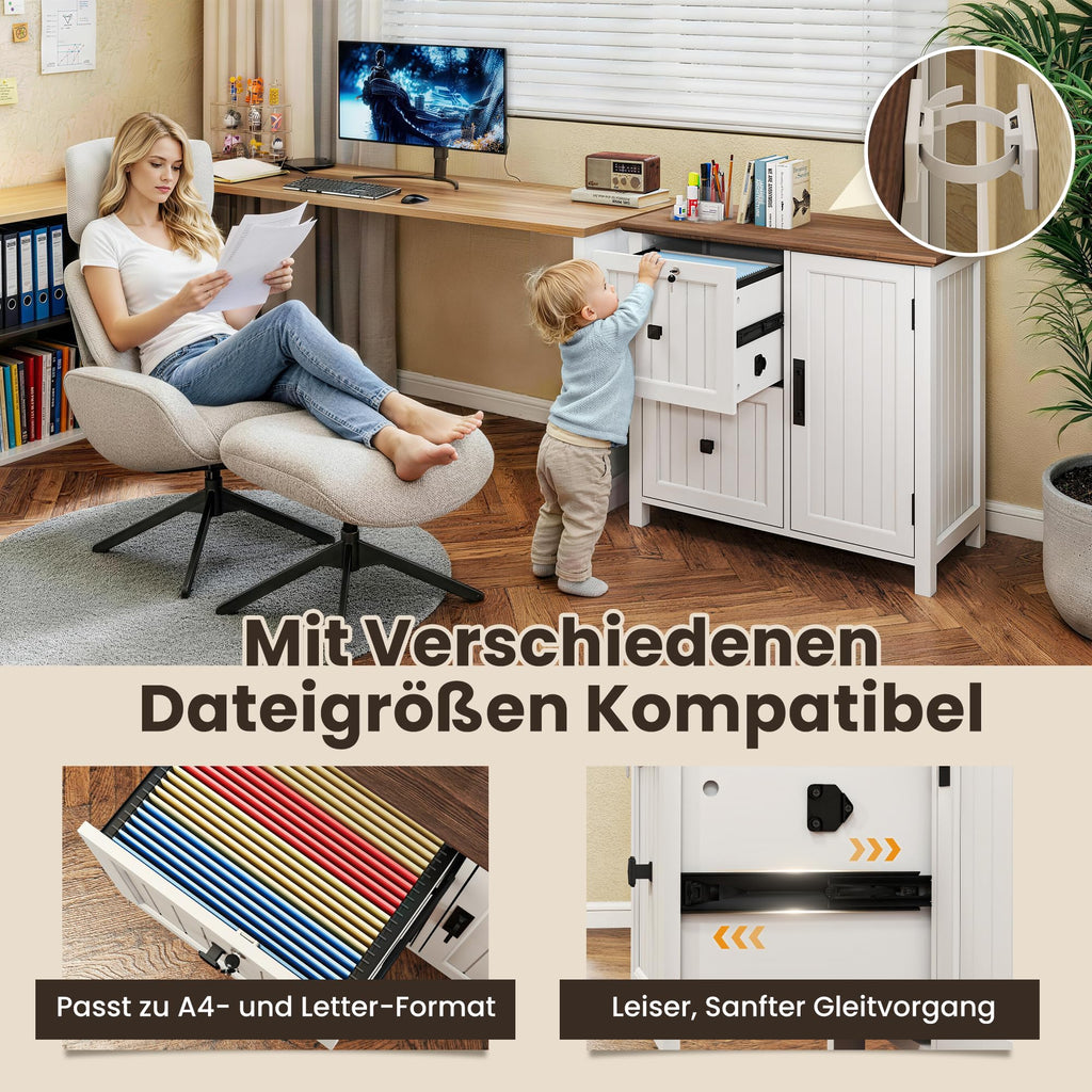 Pamapic Aktenschrank Holz Abschließbar mit 2 Schubladen, Büroschrank für Formate Letter/Legal/A4, Büromöbel mit Verstellbaren Einlegeböden & 1 Großer Schrank, Druckerständer, Weiß
