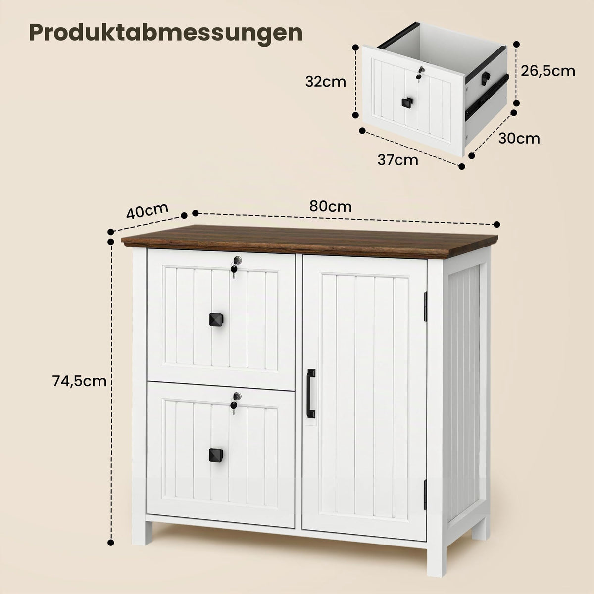 Pamapic Aktenschrank Holz Abschließbar mit 2 Schubladen, Büroschrank für Formate Letter/Legal/A4, Büromöbel mit Verstellbaren Einlegeböden & 1 Großer Schrank, Druckerständer, Weiß