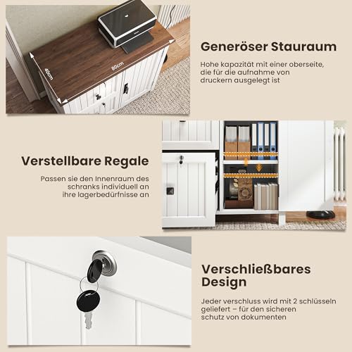 Pamapic Aktenschrank Holz Abschließbar mit 2 Schubladen, Büroschrank für Formate Letter/Legal/A4, Büromöbel mit Verstellbaren Einlegeböden & 1 Großer Schrank, Druckerständer, Weiß
